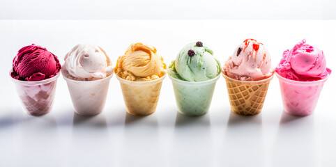 Variety of ice cream scoops in cones with chocolate, vanilla and strawberry. icecream in waffles. Summer and Sweet menu concept.