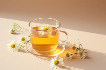 glass cup of camomile tea on a pastel background