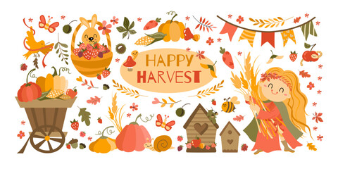 Naklejka premium Happy Harvest Festival Set. Hand drawn lettering phrase and Happy harvest symbols. Autumn Pumpkin, corn and girl harvesting wheat.