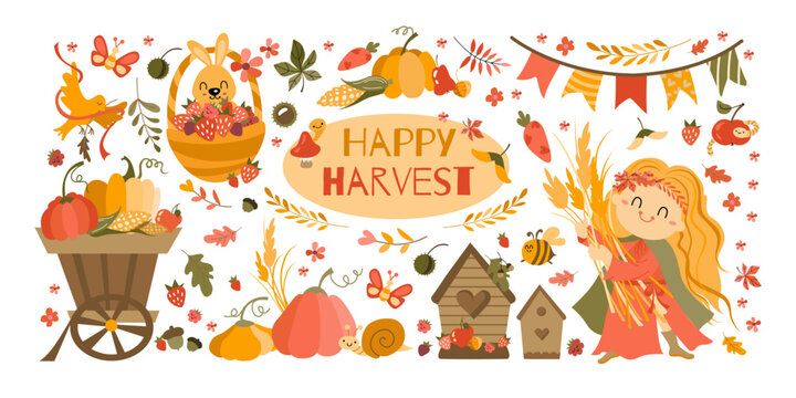 Happy Harvest Festival Set. Hand drawn lettering phrase and Happy harvest symbols. Autumn Pumpkin, corn and girl harvesting wheat.