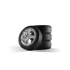 Car tires with a great profile and shiny chrome alloy wheels on isolated PNG Background.  Set of...