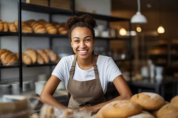 Photo sur Aluminium Boulangerie female baker in a bakery shop smiling