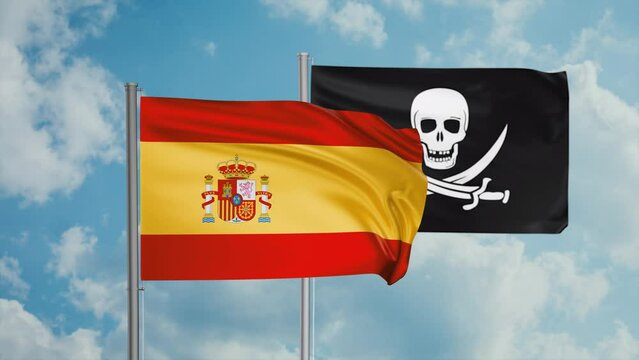 Spain flag and corsair flag waving together in the wind on blue sky, cycle looped video