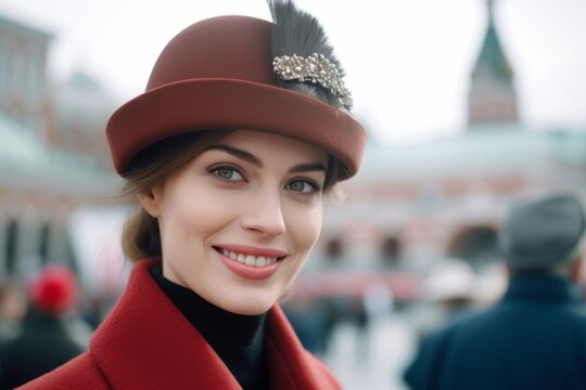Close-up portrait photography of a happy girl in her 30s wearing a sophisticated pillbox hat at the red square in moscow russia. With generative AI technology
