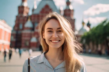 Fotobehang Moskou Medium shot portrait photography of a happy girl in his 20s wearing a trendy cropped top at the red square in moscow russia. With generative AI technology