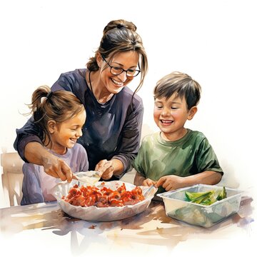 Watercolor illustration of a smiling mother with her kids preparing a healthy salad for lunch or dinner together