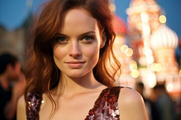 Fototapeta premium Close-up portrait photography of a glad girl in his 30s wearing a glamorous sequin top at the red square in moscow russia. With generative AI technology