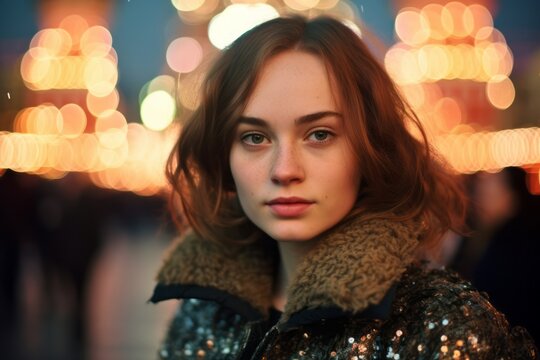 Close-up portrait photography of a glad girl in his 30s wearing a glamorous sequin top at the red square in moscow russia. With generative AI technology
