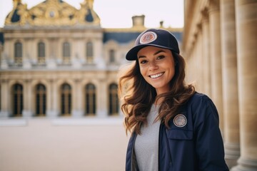 Lifestyle portrait photography of a grinning girl in her 40s wearing a cool snapback hat at the...