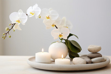 Fototapeta na wymiar spa still photo, white Orchid with white candle