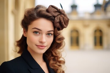 Headshot portrait photography of a blissful girl in his 20s wearing a fancy fascinator at the...