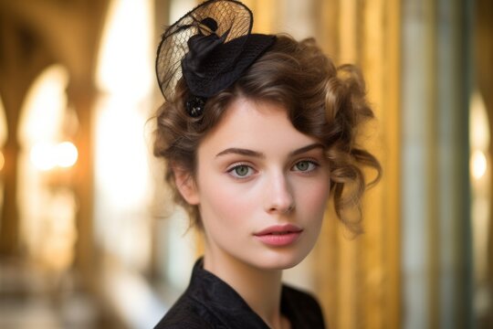 Headshot portrait photography of a blissful girl in his 20s wearing a fancy fascinator at the palace of versailles in versailles france. With generative AI technology