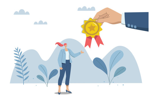 Employee support, congratulations and positive appreciation with bonus rewards, encouragement with extra rewards, businesswoman getting reward, vector design illustration.
