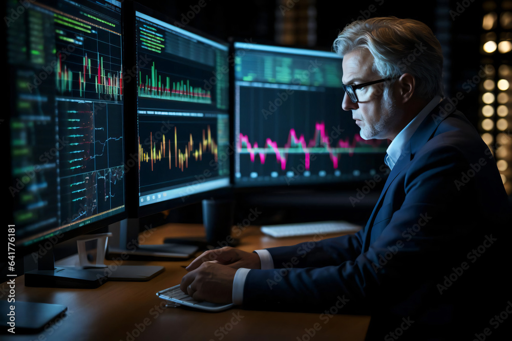 Wall mural businessman working on multiple screens of financial data