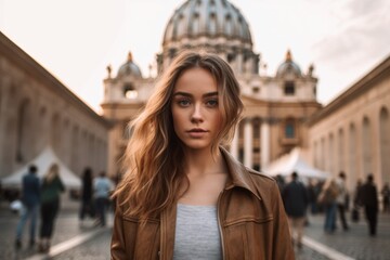 Medium shot portrait photography of a content girl in his 20s wearing a trendy cropped top at the st. With generative AI technology