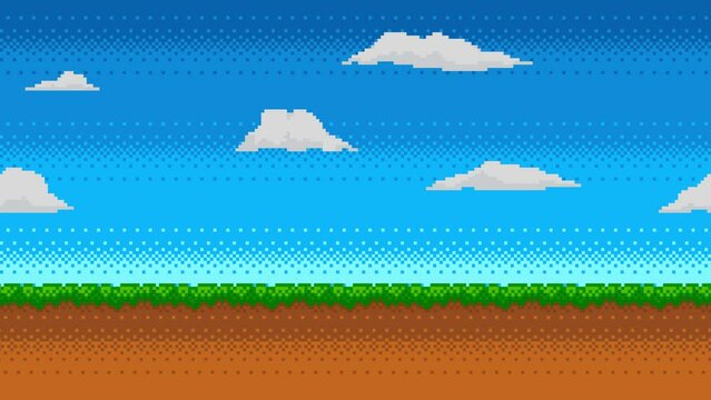 Pixel art animation of retro video game background. Animated 8 bit landscape with moving clouds.