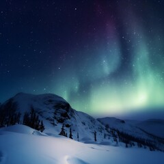 Northern lights in the night sky above the mountains. Winter landscape.Generative AI