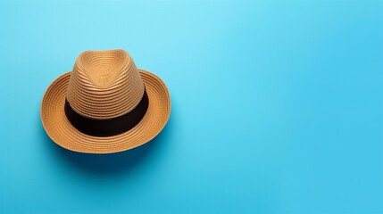 Fototapeta na wymiar Straw hat isolated on blue background with copy space for text. 