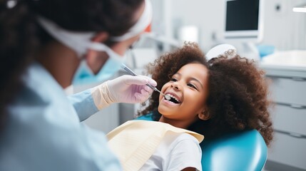 Happy african kid happy on dental chair after repairing tooth, kids on dentist, easy moment