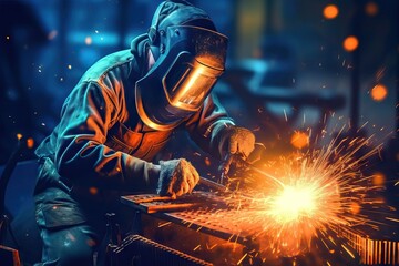 metal worker welder working with arc welding machine in factory while wearing safety equipment. - obrazy, fototapety, plakaty