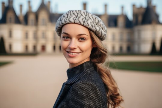 Close-up portrait photography of a happy girl in his 30s wearing a sophisticated pillbox hat at the chateau de chambord in chambord france. With generative AI technology