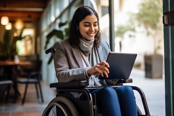 Successful young businesswoman in a wheelchair using her tablet and laptop working in the office.