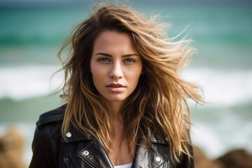 Medium shot portrait photography of a glad girl in her 20s wearing a classic leather jacket at the great barrier reef in queensland australia. With generative AI technology - obrazy, fototapety, plakaty