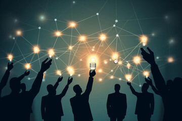 social network concept, human network of ideas, networks of light bulbs with human silhouette