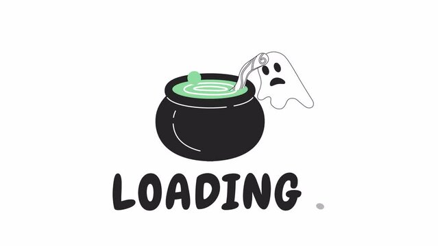Cauldron with floating ghosts black and white loading animation. Boiling pot Halloween outline 2D cartoon scene 4K video loader motion graphic. Magic cooking with haunted spirits waiting animated gif