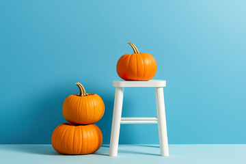 Two orange pumpkins on a white stool against a blue wall. Minimal Halloween concept.