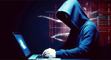 Hacker with hoodie. Concept of dark web, cybercrime, cyberattack. AI generated image