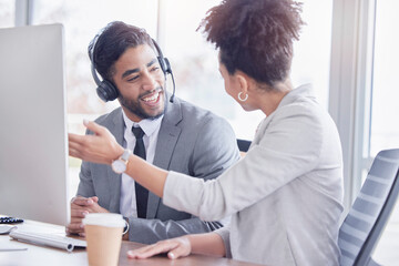 Business people, teamwork and call center support, planning and communication or telemarketing on computer. Consultant, agent or manager on desktop for advice, collaboration and corporate training