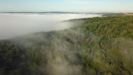 Aerial of Forest and Hills Covered with Fog at Sunrise