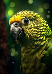 Fototapeta premium Colorful of parrot bird macaw with green yellow exotic feathers
