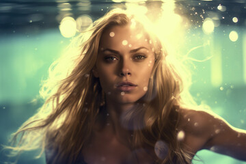Portrait of a beautiful young woman with long blonde hair posing underwater in a swimming pool.