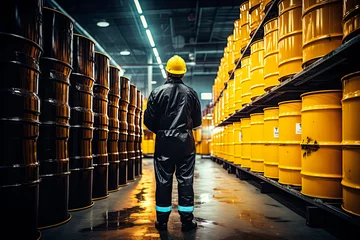 Foto op Plexiglas Male worker inspection record drum oil stock barrels yellow vertical or chemical for transportation truck male in the industry. © Александр Марченко