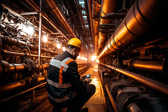 Male worker inspection at steel long pipes and pipe elbow in station oil factory during refinery valve of visual check record pipeline tank oil and gas industry