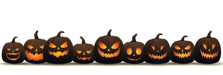 Scary Halloween Jack O'Lantern pumpkins on white background.