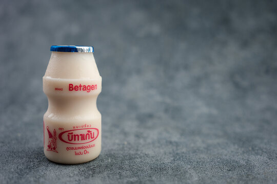 Samut Prakan, Thailand - August 31, 2023 : A bottle of Betagen cultured milk drink is a good drink for a healthy digestive system.
