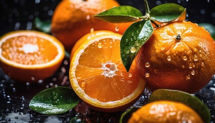 Fresh ripe oranges with water drops background. Close up of juicy fruit backdrop - obrazy, fototapety, plakaty