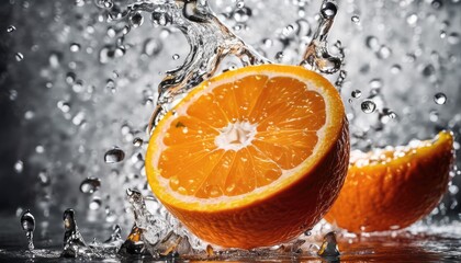 Fresh ripe oranges with water splash, splashes, drops background. Close up of juicy fruit backdrop
