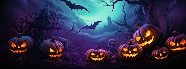 Scary Halloween background. Purple themed Halloween landscape concept. Happy Halloween!
