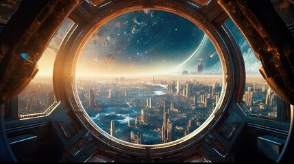 Massive planet view from a spaceship, exoplanet futuristic, alien ufo war life - obrazy, fototapety, plakaty