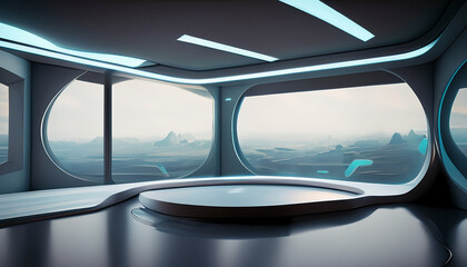 Minimal futuristic room that have a view into a futuristic landscape