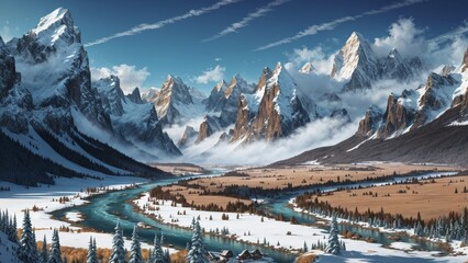 Fototapeta premium Majestic Peaks and Meandering River in a Vector Mountain Landscape