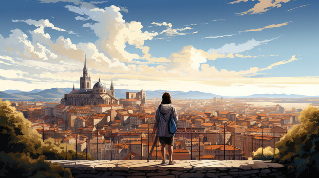 illustration of a young girl looking at a big city