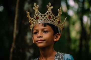 Environmental portrait photography of a jovial boy in his 30s wearing a sparkling tiara at the tikal national park in peten guatemala. With generative AI technology