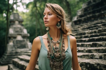 Naklejka premium Lifestyle portrait photography of a content girl in her 30s wearing a stunning statement necklace at the tikal national park in peten guatemala. With generative AI technology