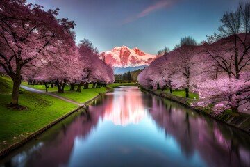 Fototapeta premium sunset over the river in cherry blossom season