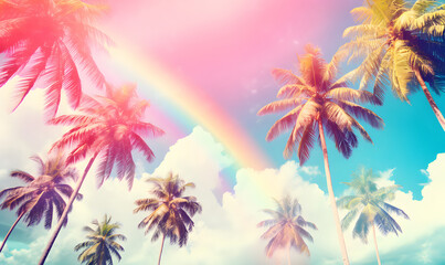 Fototapeta na wymiar Sunset of sky with palm trees and rainbow